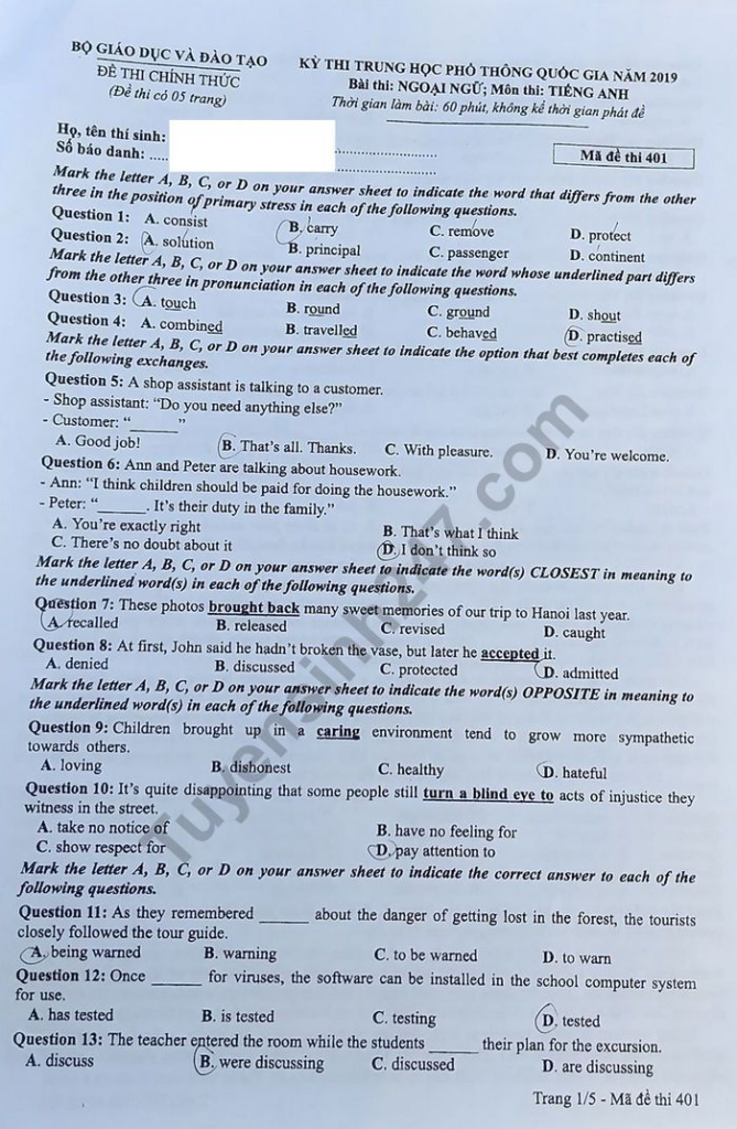 đề thi tiếng anh thpt quốc gia 2019 mã 401